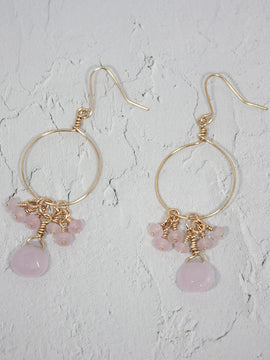 Pink Chalcedony and Jade Cluster Hoop Earrings